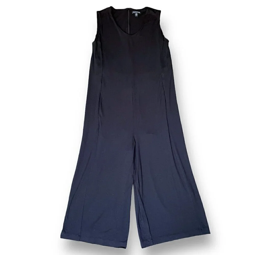 Eileen Fisher Womens Jumpsuit XXS Black Stretch V-neck Wide Leg Crop Minimalist